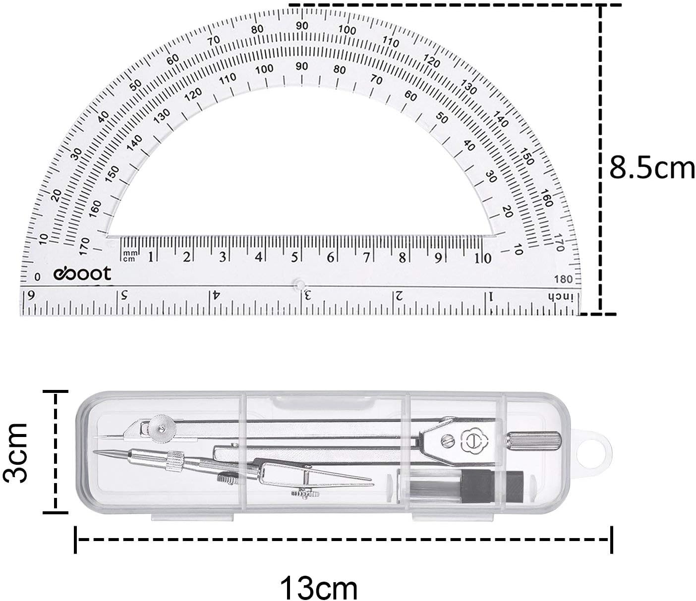Student Geometry Math Set, Drawing Compass and 6 Inch Clear Swing Arm Protractors 180 Degree Math Protractor (Style 1) : Office Products