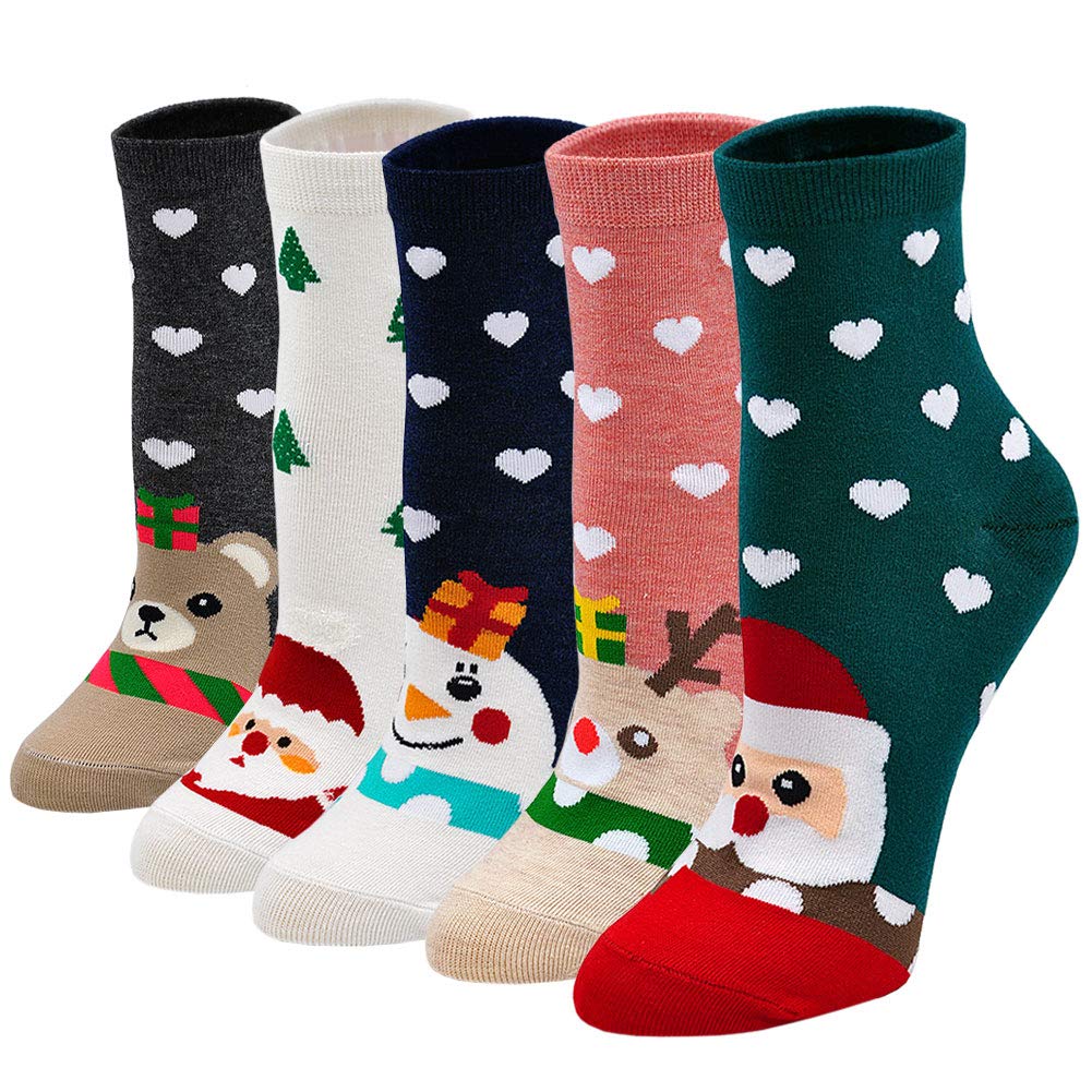 PUTUO Ladies Christmas Socks Womens Novelty Santa Xmas Stocking Girls Novelty Fun Festive Cute Cartoon Animal Cotton Socks, Christmas Socks, pairs 4-9