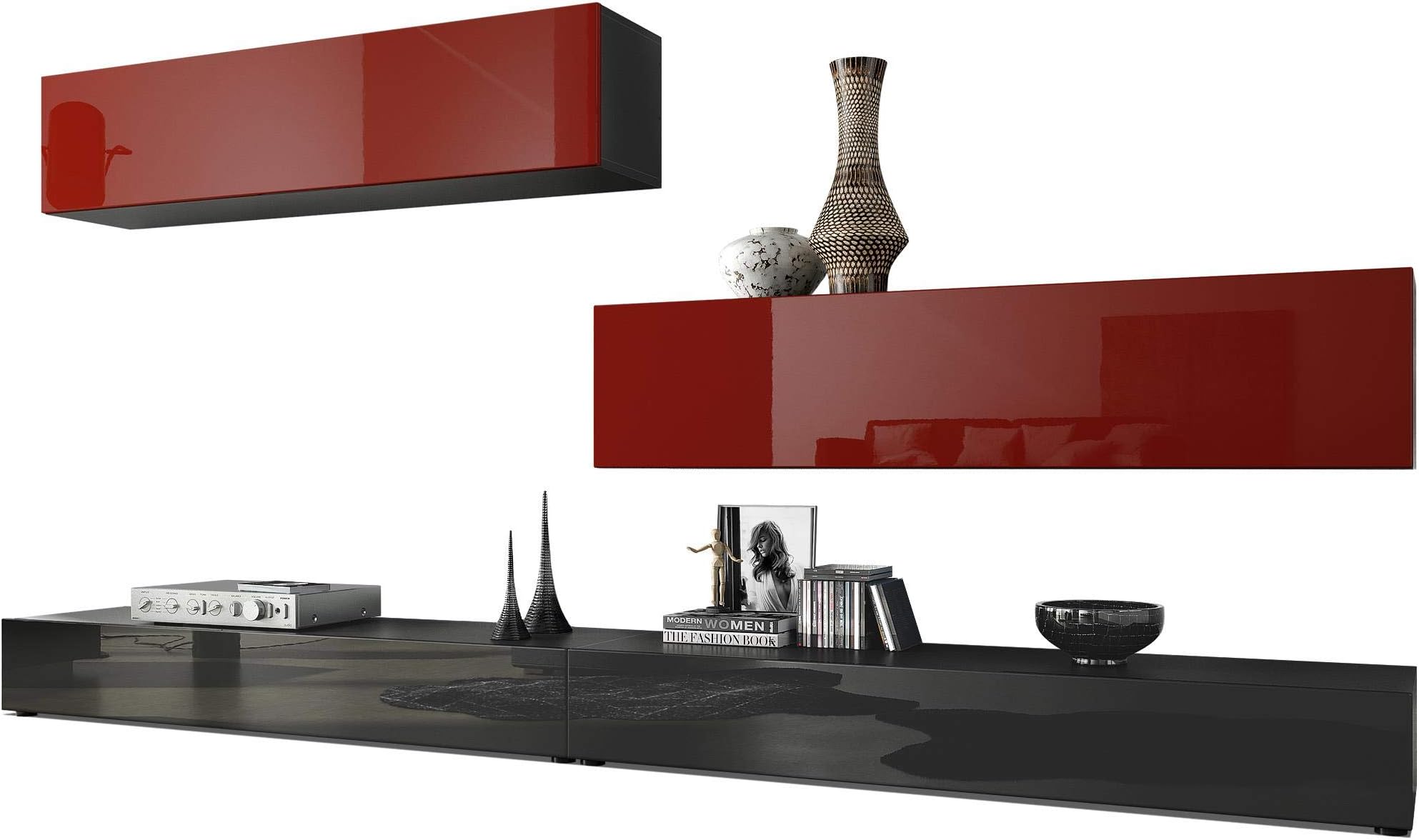 VladonWall Unit TV Stand Nublo, Carcass in Black matt/Fronts in Black High Gloss and Bordeaux High Gloss