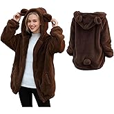Miewenmogu Fluffy Bear Hoodie with Ears for Women Fuzzy Bunny Ear Hoodie Kawaii Bear Sweater Jacket Warm Plush Sweatshirt