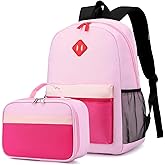 Backpack Set for Girls Boy Kids Backpack with Lunch Box for Elementary Primary Kindergarten School Bag (Purple Pink Set, Large)