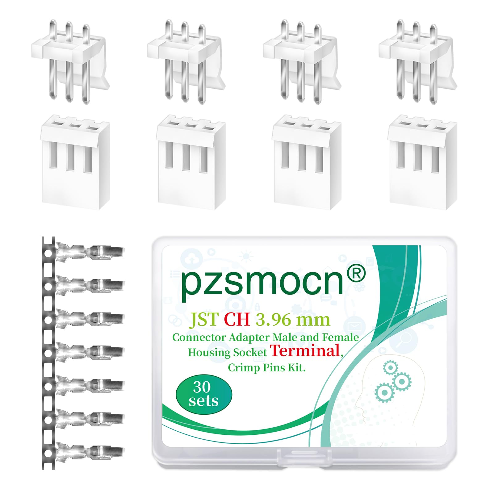 pzsmocn 150 Pieces / 30 Sets JST CH 3.96 mm Pitch 3 Pin Female Housing and Male Adapter Connector Plug Socket Terminal Wires Cables 24-18 AWG Assembly, Header Crimp Pins Kit