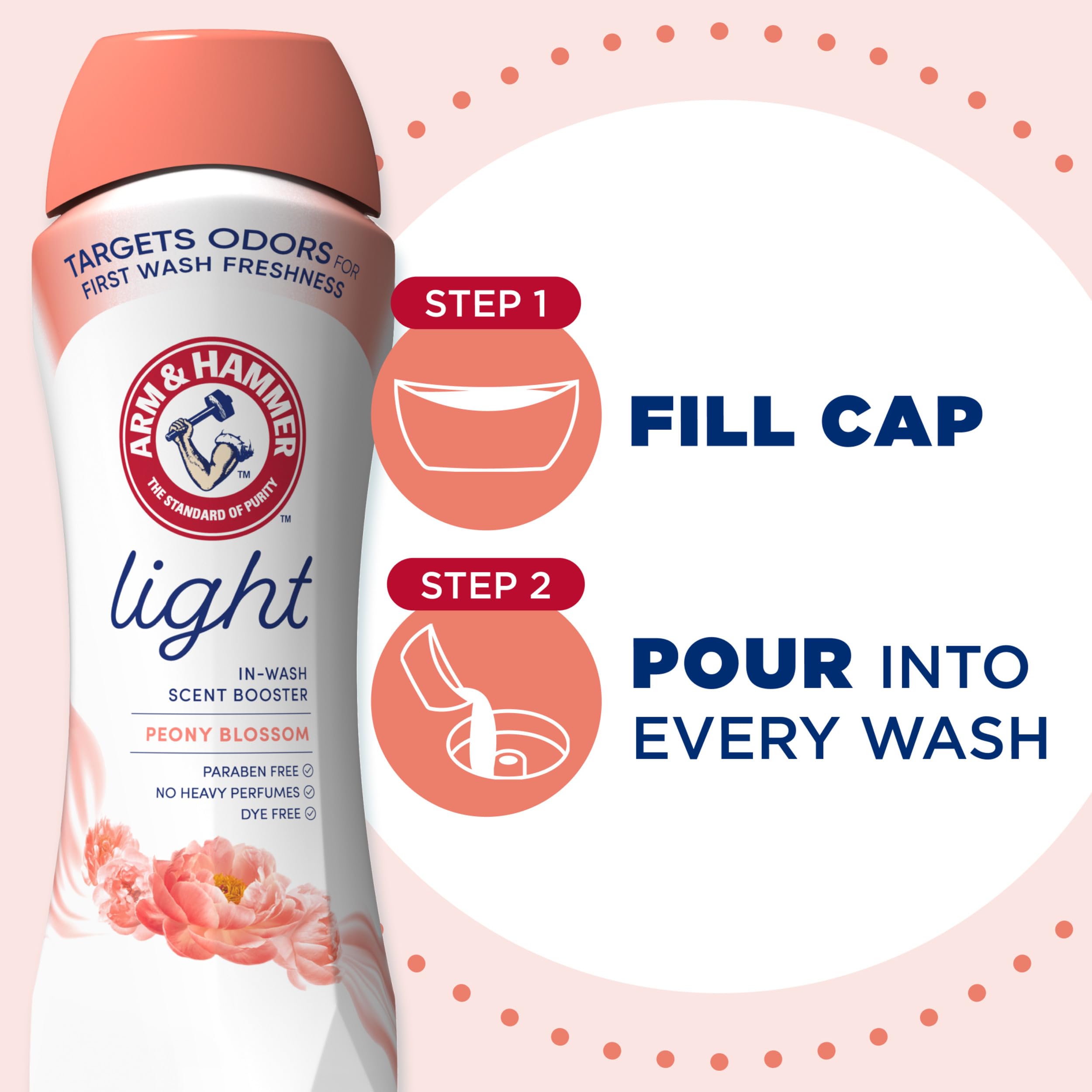 Arm & Hammer Light In-Wash Scent Booster, No Heavy Perfumes, No Dyes, No Parabens, Peony Blossom Scent, 24 Oz