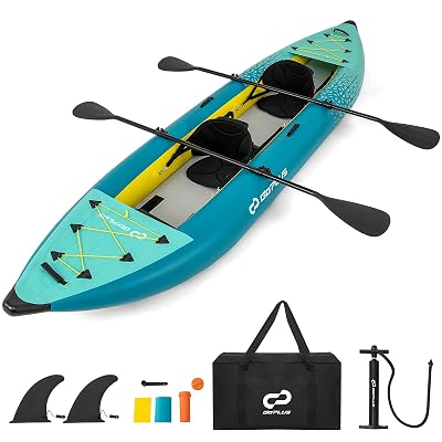 Goplus Inflatable Kayak, 2-Person Kayak Set for Adults with 507 LBS Weight Capacity, 2 Aluminium Oars, EVA Padded Seat, 2 Fins, Hand Pump, Carry Bag, Repair Kit, Portable Touring Kayaks (Blue+Green)