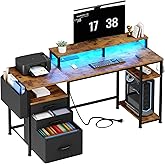 Lufeiya Gaming Desks with Led Lights and Power Outlets, 55 Inch Study Writing Computer Desk with Fabric File Drawers Cabinet for Bedroom, Home Office Desk with Shelves Monitor Stand, Rustic Brown