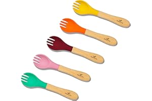 Avanchy Baby Fork Set, Bamboo and Silicone Spork Utensils, Toddler Baby Led Weaning Silverware Cutlery Flatware, Kids First Self Feeding, 2 Pack, 5 Pack, with Pink Fork
