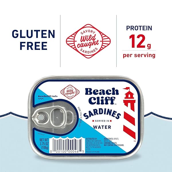 BEACH CLIFF SARDINES IN WATER, 3.75 OZ CAN – WILD CAUGHT SARDINES – 12G PROTEIN PER SERVING – GLUTEN FREE, KETO FRIENDLY