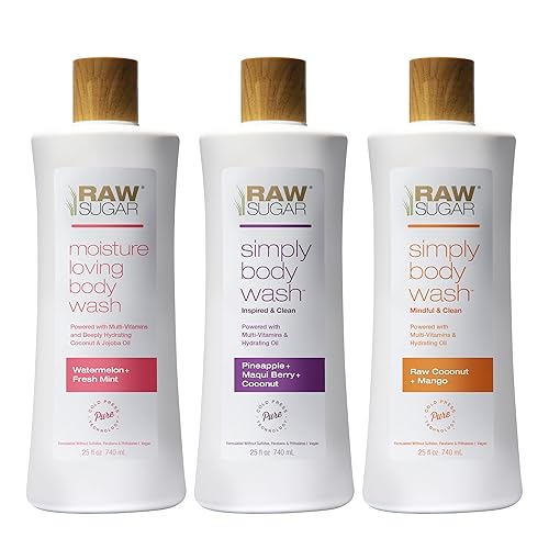 RAW SUGAR Simply Body Wash Variety Trio (25 Fl Oz, Pack of 3) Vegan Bath & Shower Gel, Raw Coconut + Mango, Pineapple + Maqui Berry + Coconut and Watermelon + Fresh Mint, No Sulfates & Parabens