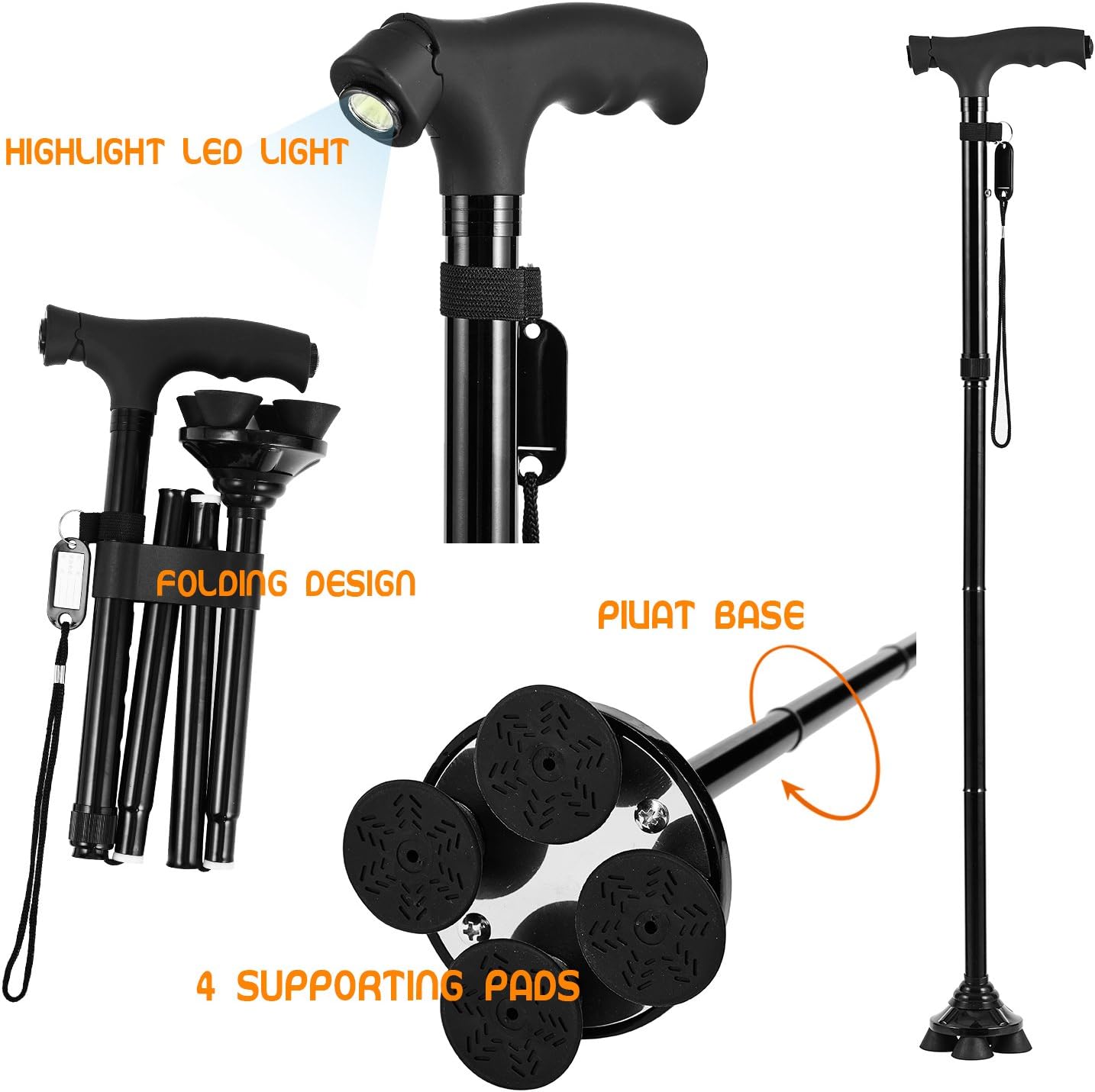 BigAlex Folding Walking Cane with LED Light,Pivoting Quad Base,Adjustable Walking Stick with Carrying Bag for Man/Woman: Health & Personal Care