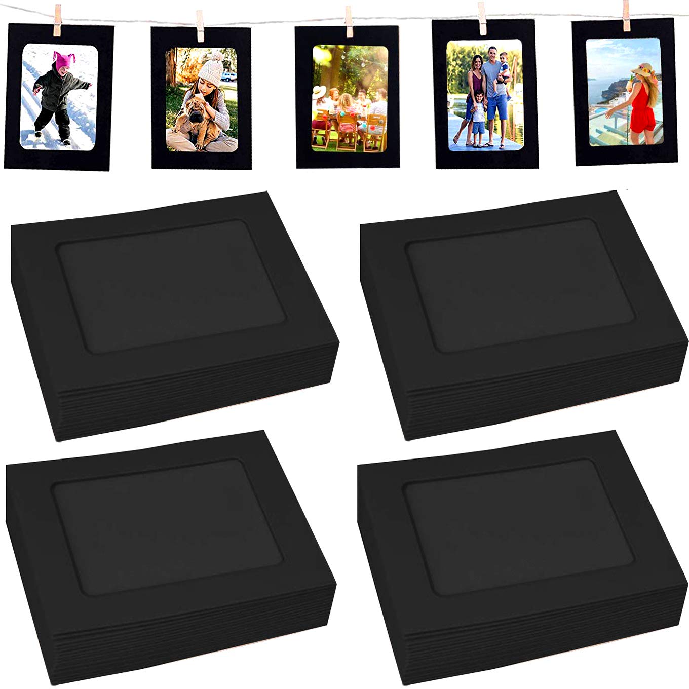 40PACK Paper Photo Frames Black Paper Photo Flim DIY Wall Picture Hanging Frame Album+Rope+Clips Set DIY Wall Décor 10x15 cm, Great for Family and Friends on Their Birthdays