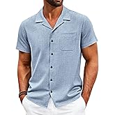 Runcati Mens Button Down Shirt Short Sleeve Cuban Casual Shirts Summer Beach Vacation Wedding Tops with Pocket