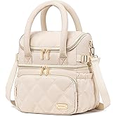 Weitars Lunch Bag for Women Men,Double Deck Lunch Box for Women,Quilted Lunch Tote for Work,Insulated Lunch Cooler Leakproof Lunchbox for Adult with Shoulder Strap &Pockets for Picnic Hiking (Beige)