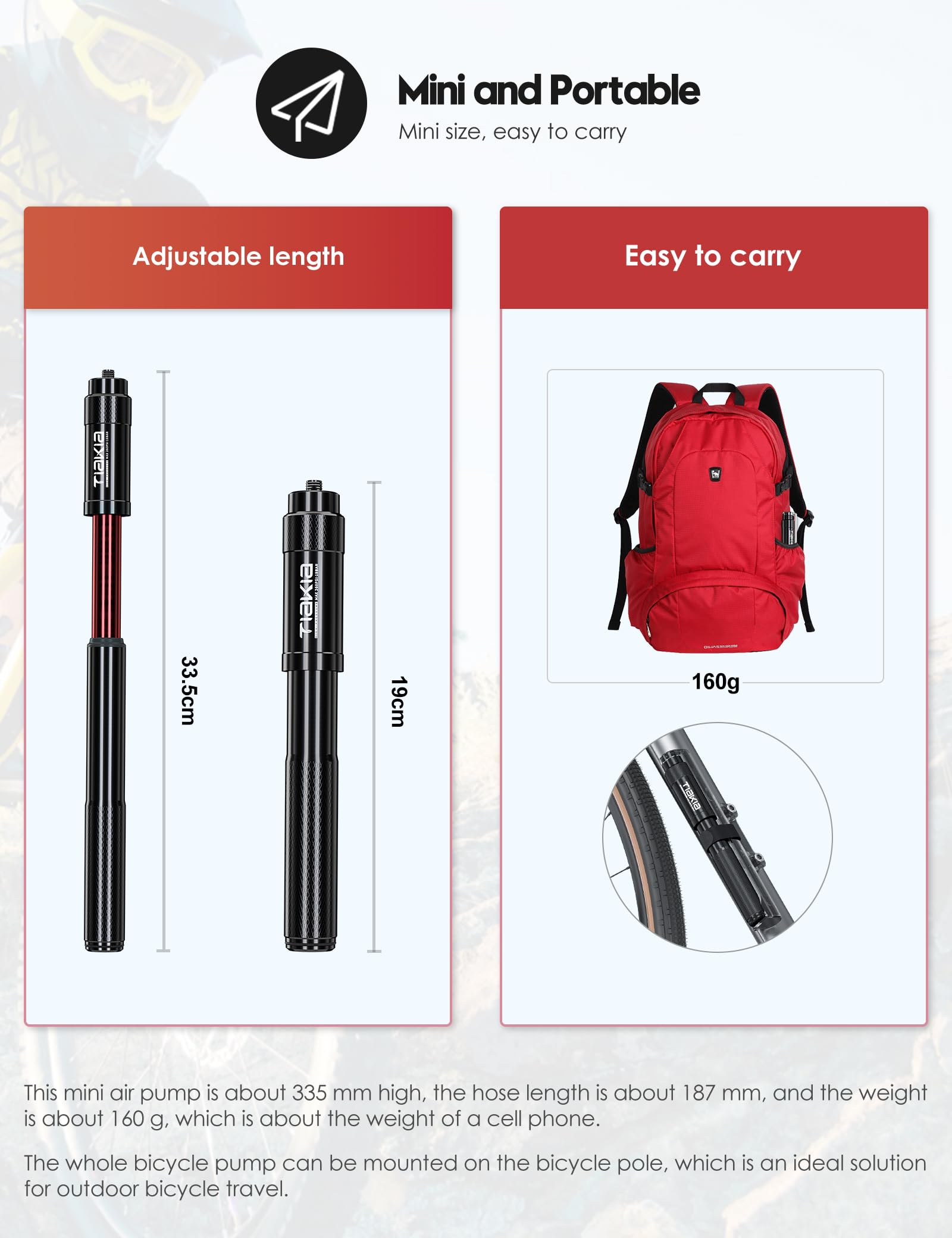 Tiakia Fahrrad Pumpe Mini 260PSI Hoher Druck Luftpumpe Klein für Presta Schrader Dunlop Ventile, Kompakt Tragbare Handpumpe Fahrradpumpe Leicht für BMX Mountainbike Rennrad E-Bike mit Montagehalterung 3