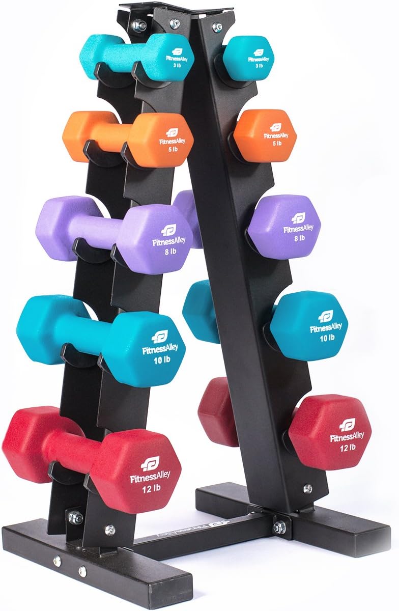 Fitness Alley Steel Dumbbell Rack - 5 Tier Weight Holder & 5 Tier Weight Rack Dumbbell Stand - Dumbbell Holder - Dumbbell Rack Stand (5 Tier Rack & 3, 5, 8, 10, 12 lbs Dumbbells) : Sports & Outdoors