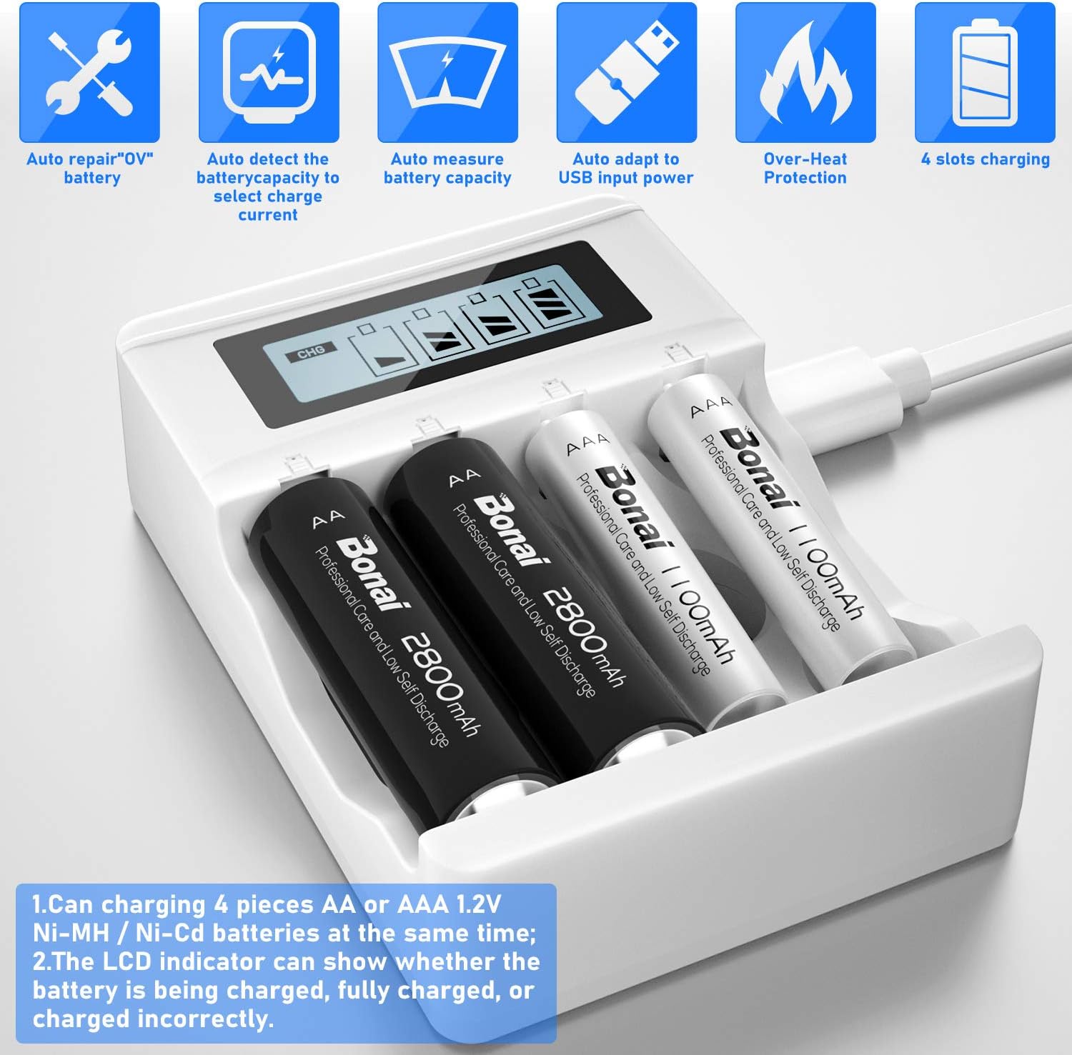 BONAI 4 Bays AA AAA Ni-MH Ni-CD Battery Charger, LCD Display Smart Charger With Unique USB Design(Micro USB Cable Included) - Image 3