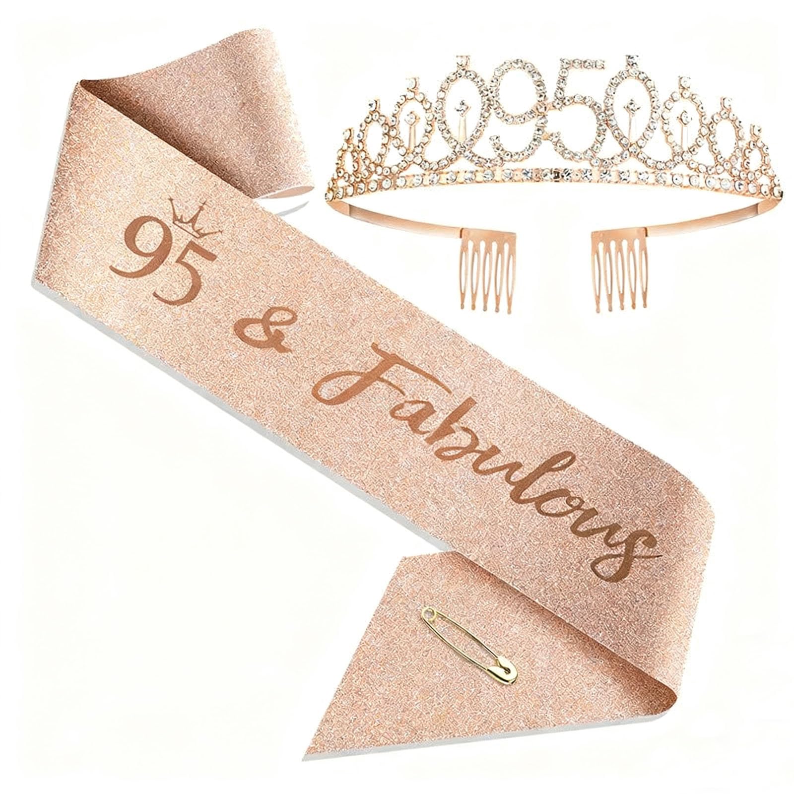 JOUWUI 95 Fabulous Sash and Rhinestone Tiara Set, 95th Rose Gold Birthday Rhinestone Crowns and Sash for Women, 95th Birthday Decorations for Her, Birthdays Accessories Gifts