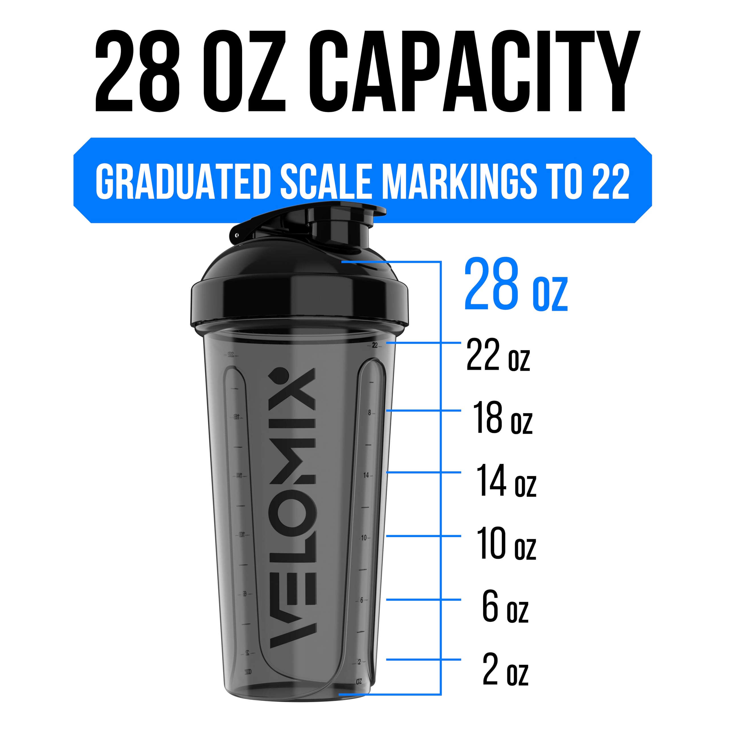 VELOMIX -2 Pack- 28 oz Protein Shaker Bottles for Protein Mixes - 2x Wire Whisk | Leak Proof Shaker Cups for Protein Shakes | Protein Shaker Bottle Pack (Black/Transparent)