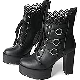 FOREADA Goth Boots Chunky Heel Boot For Women Ankle Combat Booties Black Platform Bootie Buckle Rivets Punk Goth Shoes With Zipper