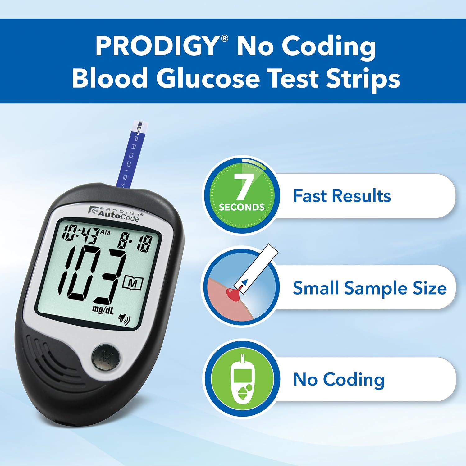 PRODIGY 10400 No Coding Blood Glucose Test Strips for Diabetes, Box of 50 Strips, Compatible with PRODIGY AutoCode, Pocket & Voice Blood Glucose Monitoring Systems