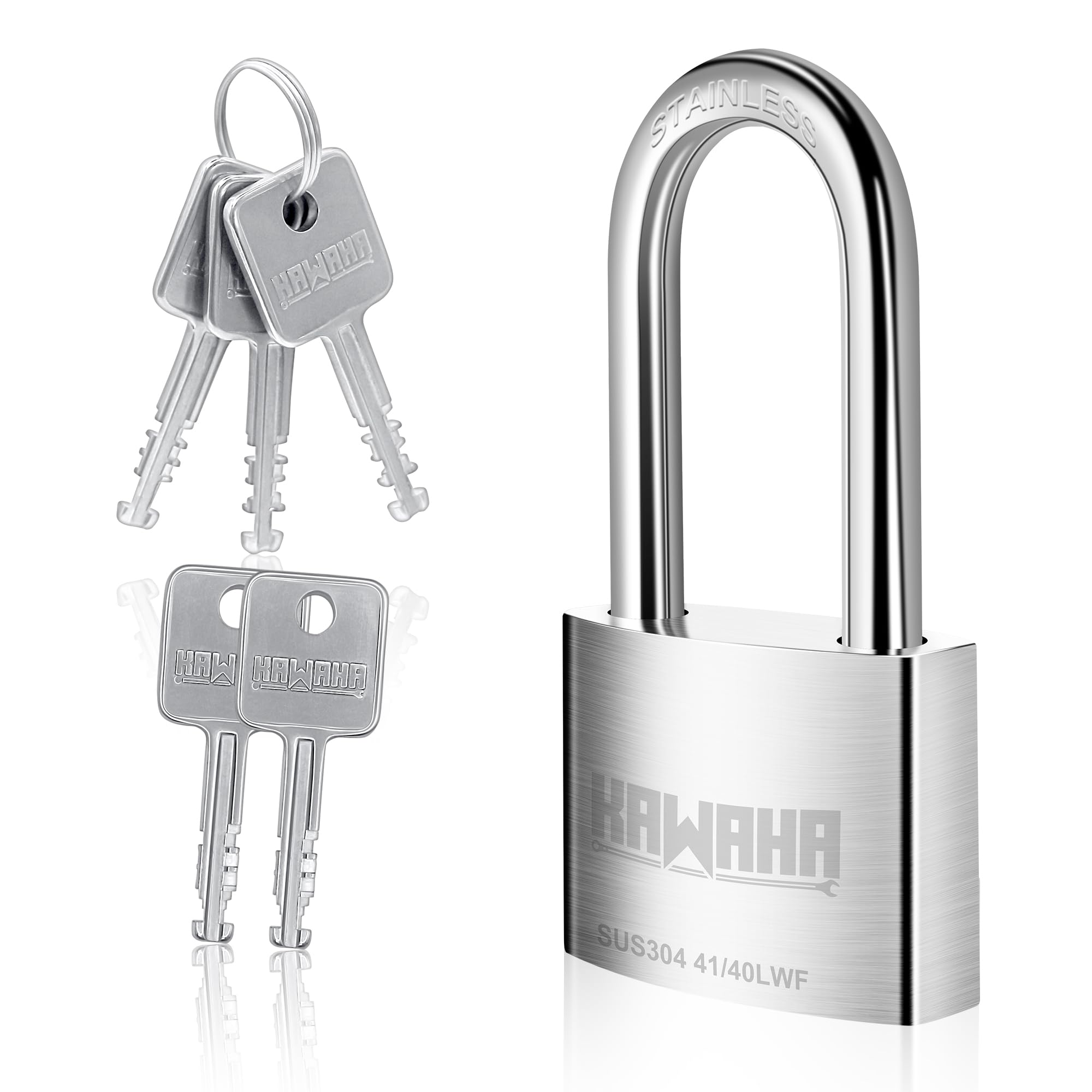 KAWAHA 41/40LKD-5SK 1-9/16 inch (40mm) Long Shackle High Security Stainless Steel Padlock with Key for Both Indoor and Outdoor use (Heavy Duty, Anti-Rust) (40mm, L - 5 Stainless Steel Keys)