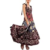 Women Summer Boho Dress Floral Printing Sleeveless Tie Shoulder Flowy Maxi Dress Y2k Beachwear Sundress