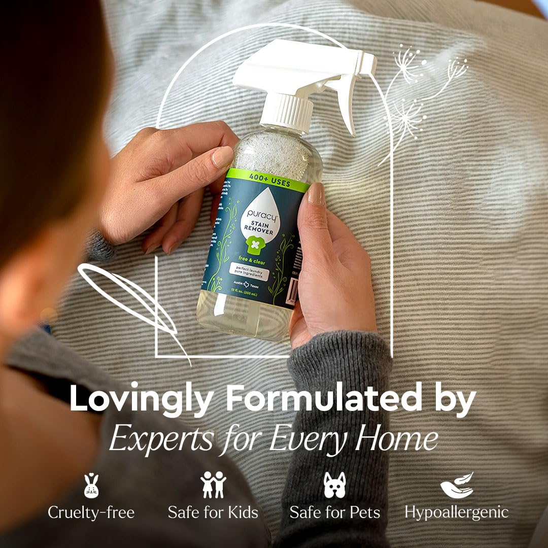 Puracy Stain Remover Spray, Natural Travel and Laundry Stain Cleaner for Clothes, Baby & Kids Stains, Oil & Fabric Spot Cleaner (Unscented, 4 oz)