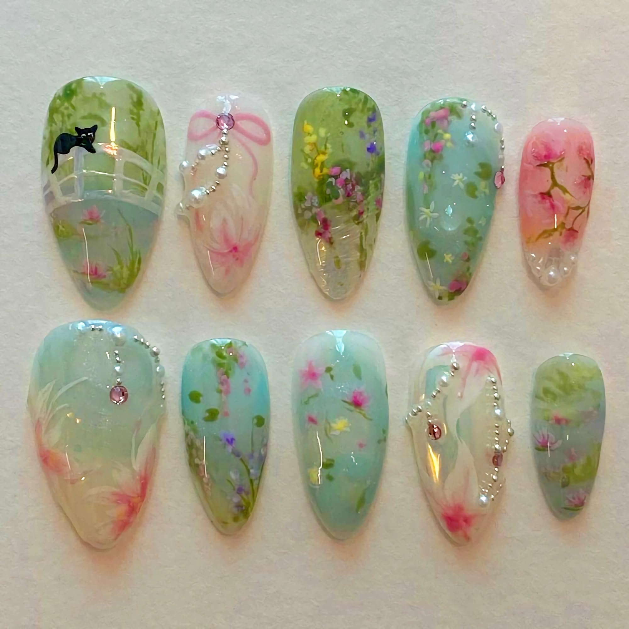 BABALAL Almond Press on Nails Medium Blue Green Fake Nails Bow Glue on Nails Cute Cat Flower Design Acrylic Nails 24Pcs Stiletto Handmade Full Cover False Nails