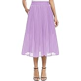 EXCHIC Women's Casual Chiffon Elastic Waist A-Line Pleated Midi Skirt with Pockets