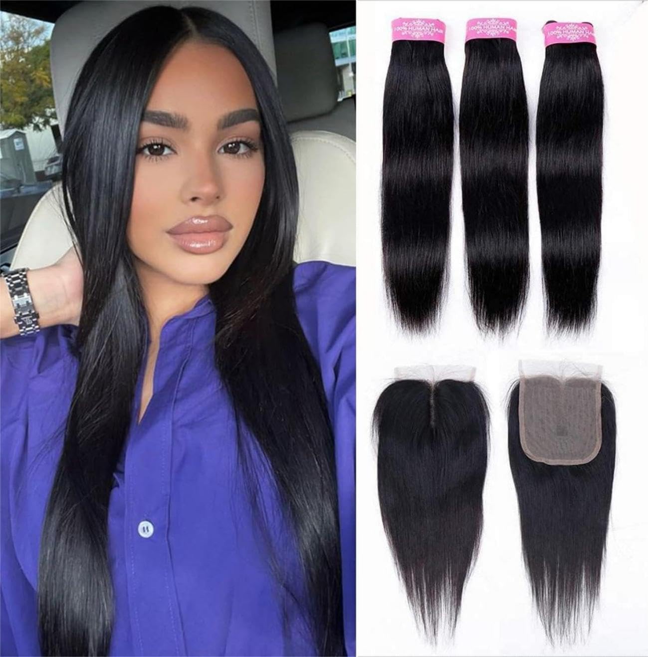 Sexycat Straight Bundles with 4x4 Lace Closure Human Hair 14 16 18+12 Inch 100% Unprocessed Brazilian Virgin Hair Extensions Weave Weft Bundles with Middle Part Closure — image 1