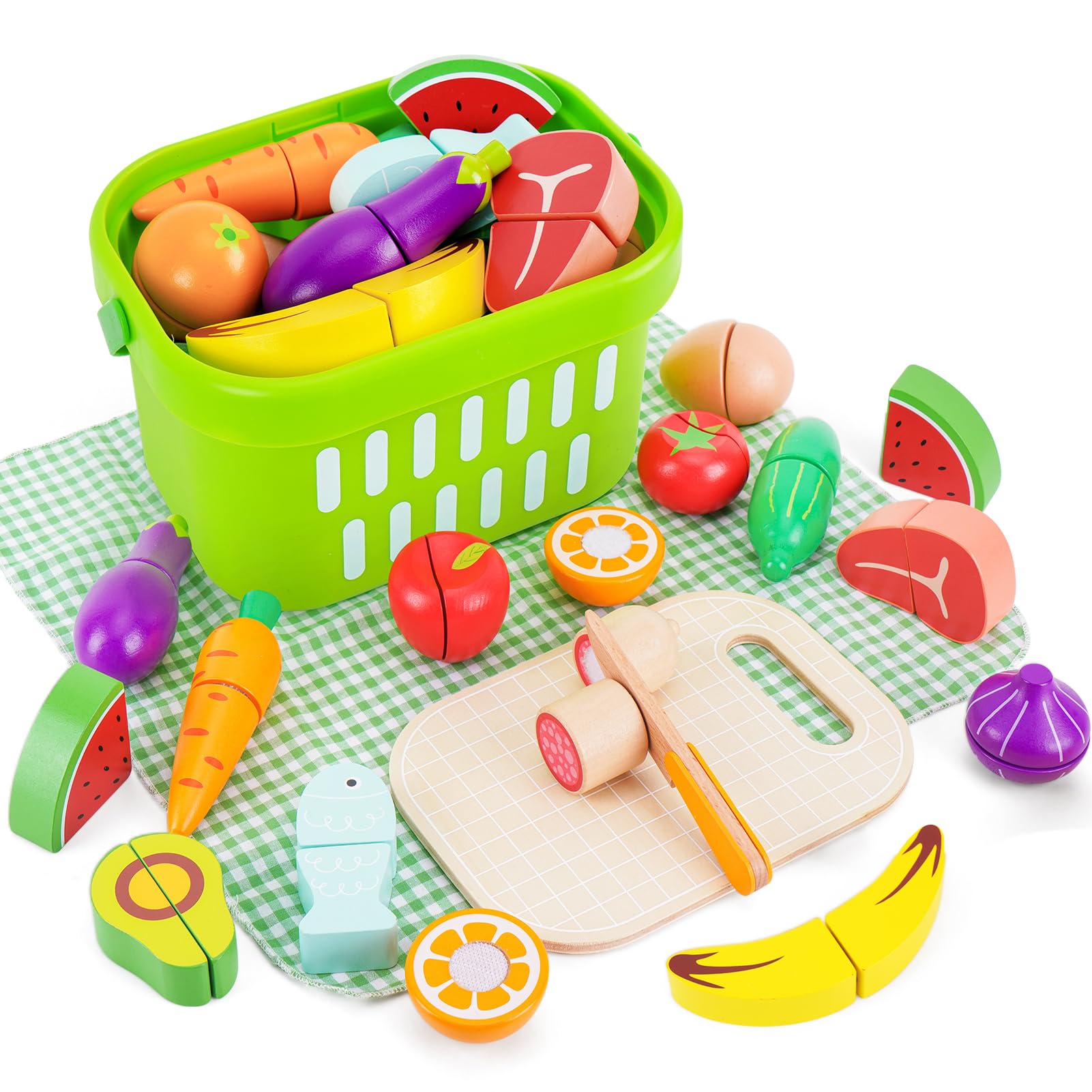 Cutting Play Food Toys for Kids Kitchen 1 2 3 Years Old, Wooden Pretend Meats、Fruits and Vegetables with Shopping Storage Basket, Play Kitchen Accessories for Toddlers Children Birthday Gift