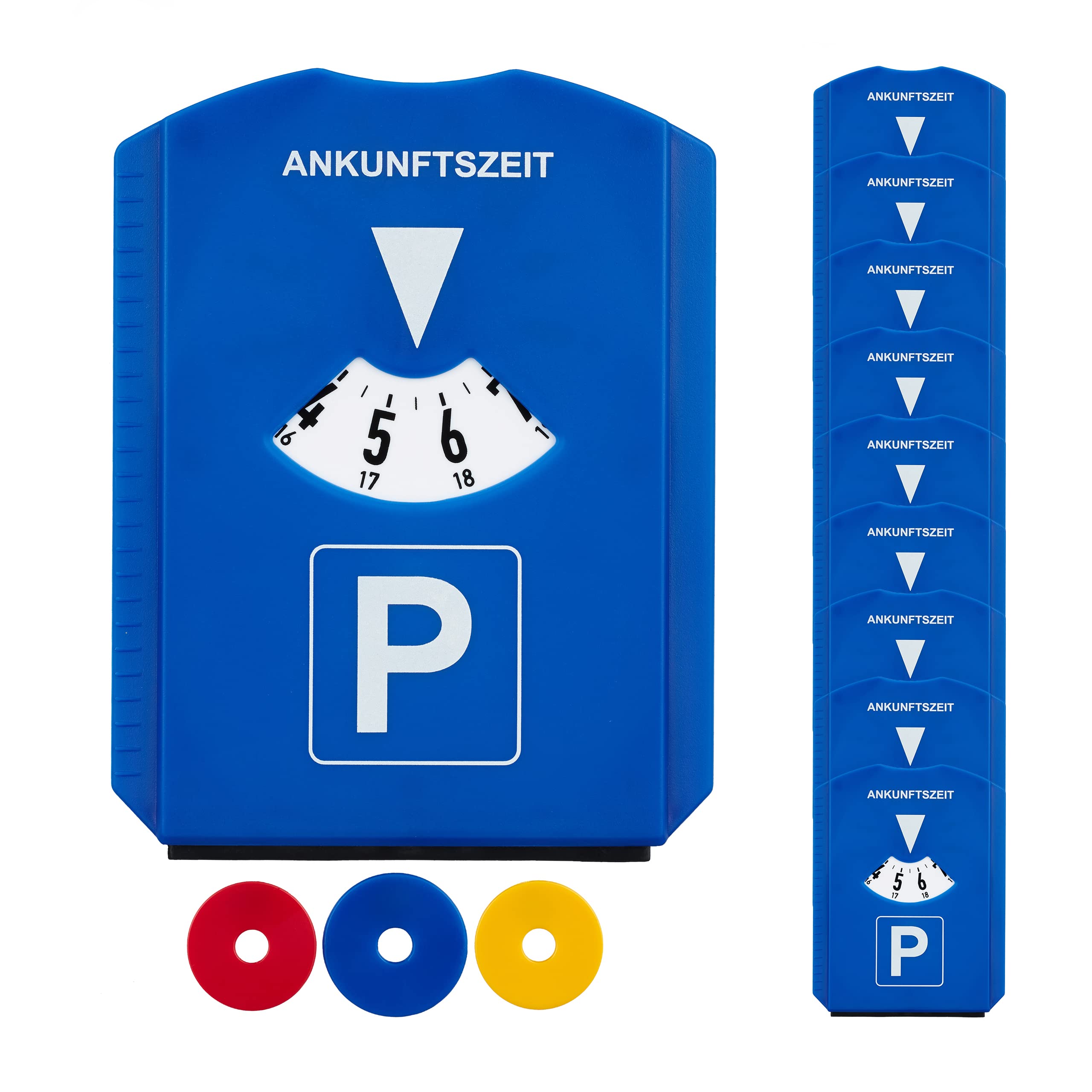 Relaxdays Pack of 10 Parking Discs with Ice Scraper, 3 Shopping Cart Chips, Rubber Lip, Car Timer, Robust, Plastic, Blue