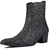OSSTONE Dress Boot for Men Leather Glitter Chukka Designer Boots Casual Heel Shoes Zipper-up