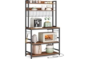 VASAGLE Bakers Rack with Power Outlet, Microwave Stand, Kitchen Tall Utility Storage Shelf, with Metal Wire Panel, 14 Hooks, 