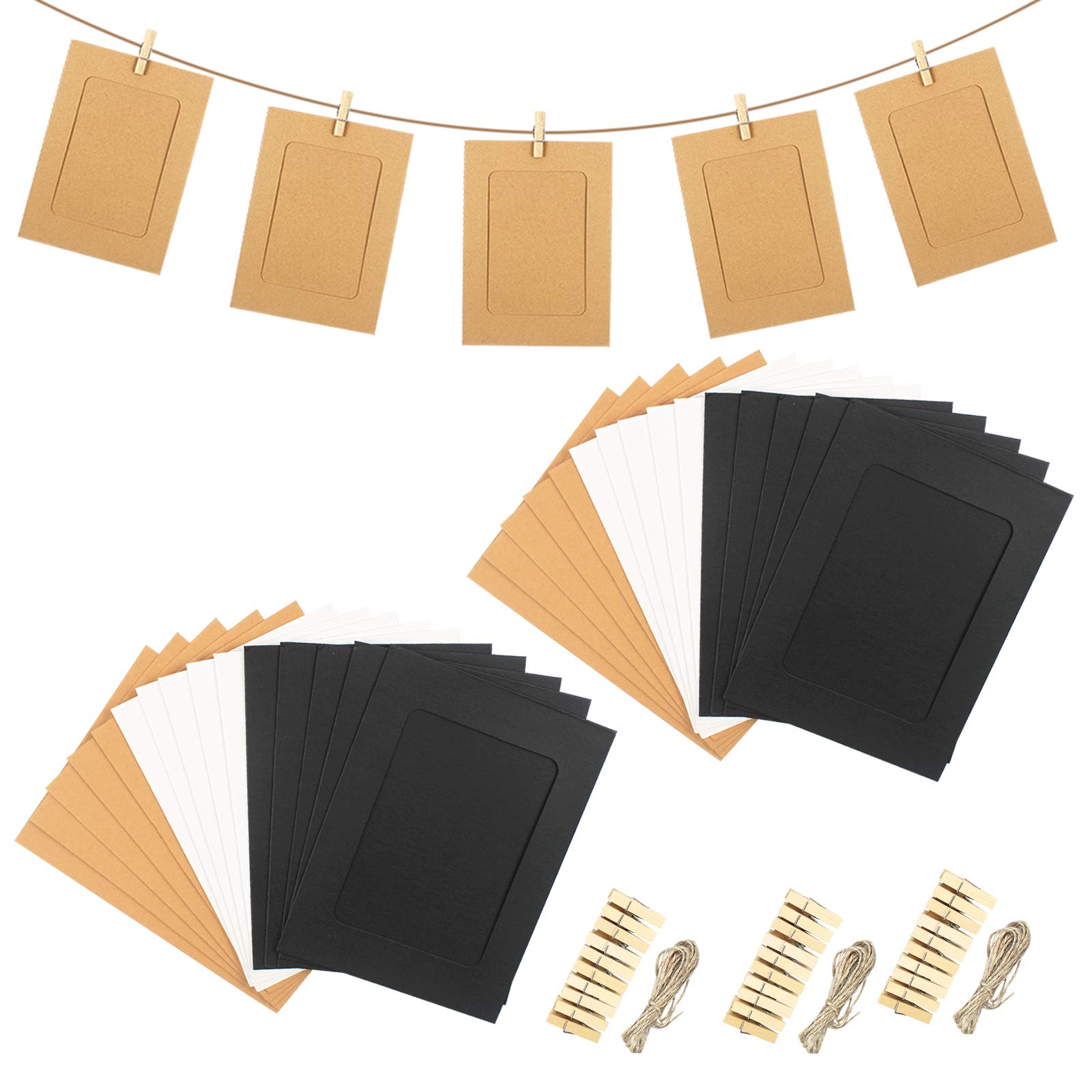 30Pcs Paper Photo Frame with 30Pcs Clips and 3Pcs Hemp Ropes, 6x4 Inch DIY Kraft Cardboard Picture Frames, Paper Picture Mats, Hanging Album Frame for Home School Office Wall Decoration (3 Colors)