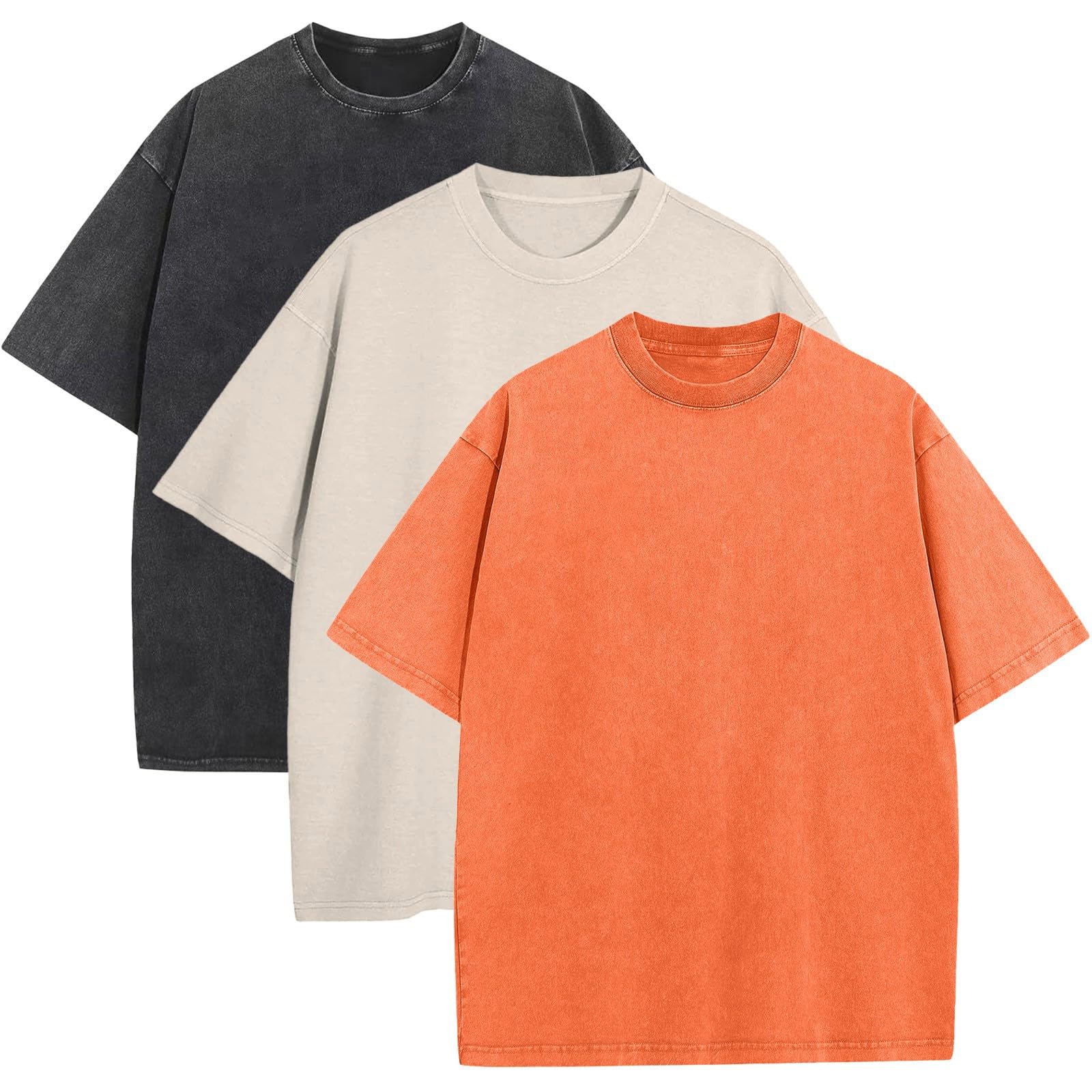 3 Pack Men's Oversized Cotton T-Shirts Loose Fit Vintage Tee Short Sleeve Casual Tshirts Solid Tops(BKORBG,S) Image