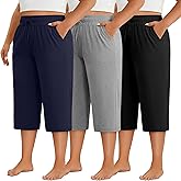 Neer 3 Pack Women's Plus Size Capri Pants, Drawstring Crop Lounge Sweatpants Summer Casual Loose Cropped Pant with Pocket