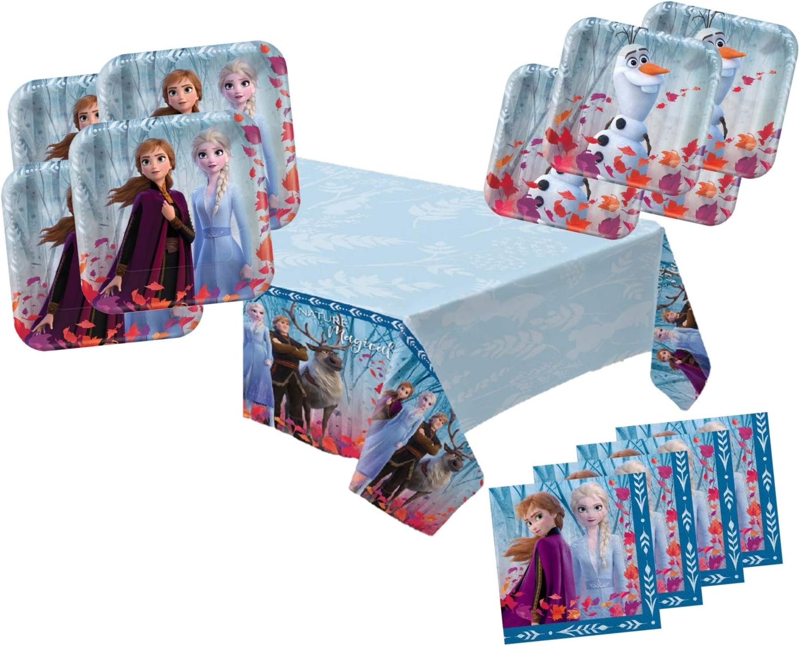 Frozen 2 Tableware Party Supplies Pack for 16 Guests - Includes 16 Dinner Plates, 16 Dessert Plates, 16 Dinner Napkins, and 1 Tablecover, Bundle