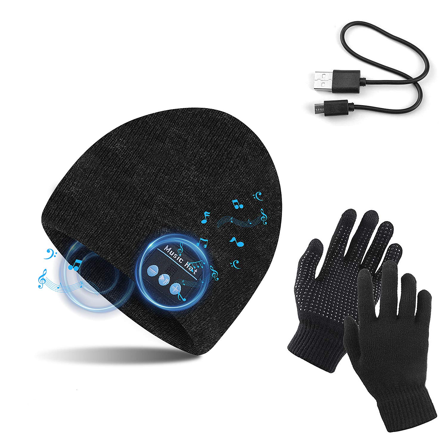 TAGVO Bluetooth V5.0 Beanie with Touchscreen Gloves Set, Unisex Winter Warm Knitted Wireless Bluetooth Headset Music Hat for Running Skiing Hiking, Tech Gifts for Men and Women