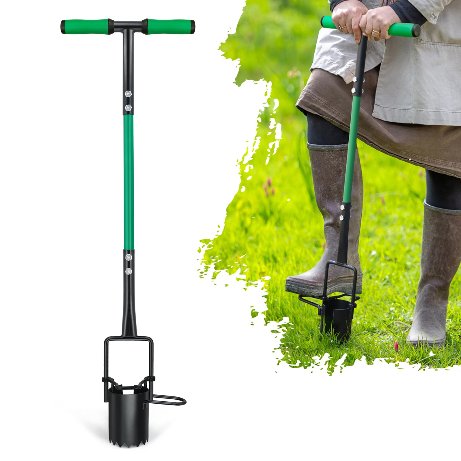 Hortem Bulb Planter Tool Long Handle, Long Handled Bulb Planter with Sliding Footrest for Easy Soil Pushing, Transplant Flowers, Seedlings or Vegetables without Bending