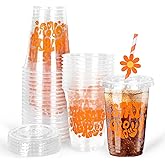 Whaline 50Pcs Boho Plastic Cups with Flat Lids 12Oz Groovy Flower Disposable Cold Beverage Clear Cups for Wedding Birthday Baby Shower