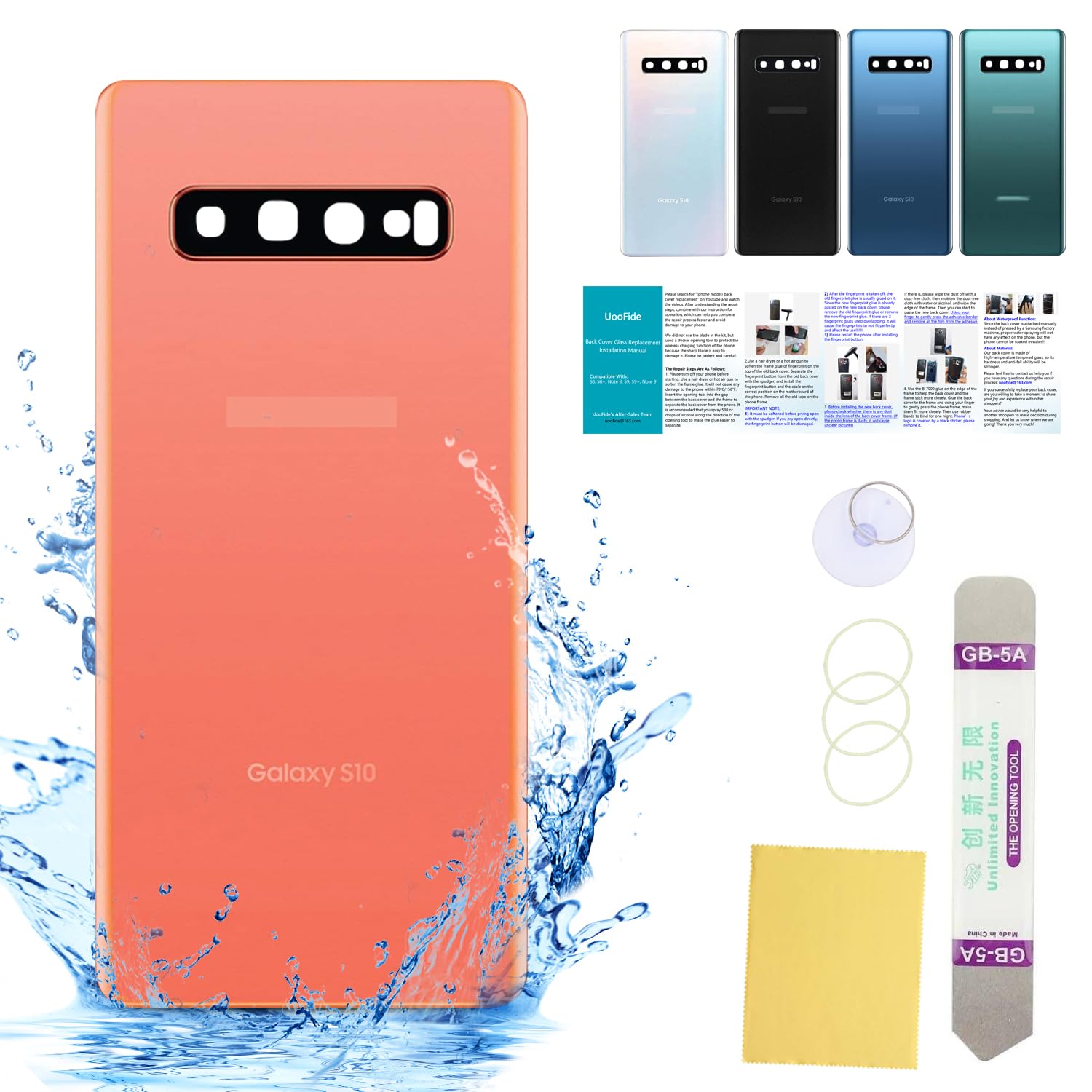 Photo 1 of UooFide Compatible for Samsung Galaxy S10 Back Glass Cover Case Replacement 6.1-Inches SM-G973 All Carriers with Installation Manual + Repair Tool Kit (Prism Pink)