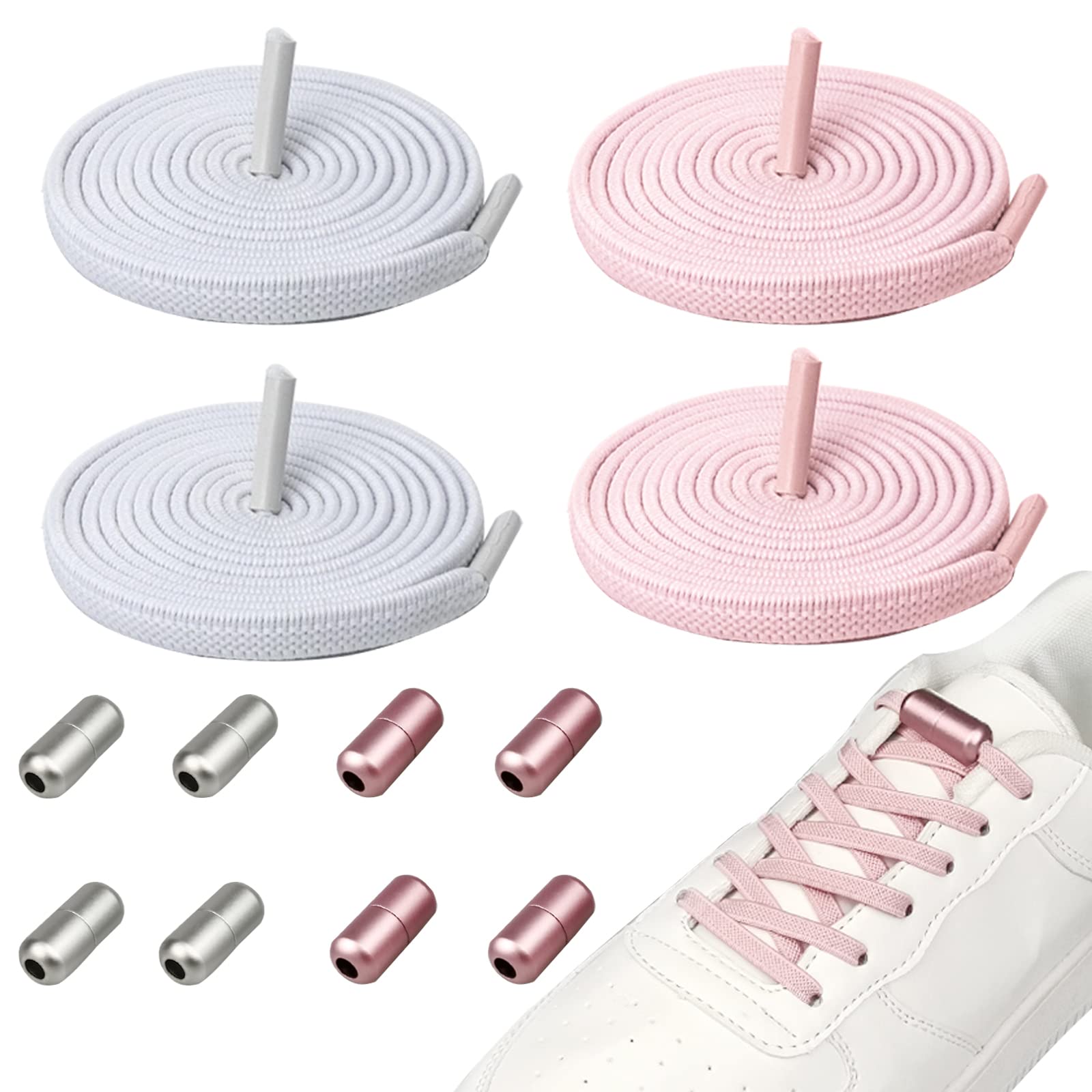 4 Pairs of Flat Shoelaces No Tie Loops Elastic Shoelaces Flat with Quick Lacing System Replacement Shoelaces for Trainers Running Shoes Sports Shoes (White + Pink)