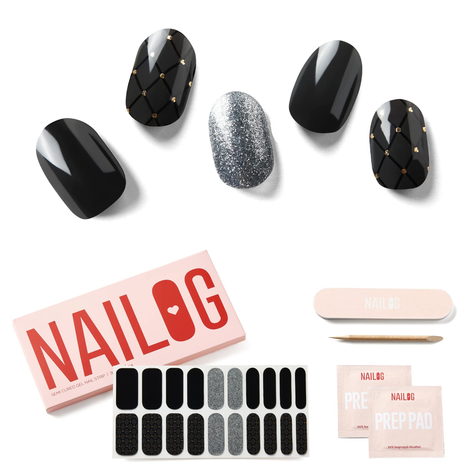 NAILOG Semi Cured Gel Nail Strips, Extra Long Nail Polish Strips (20 Pieces), Long Lasting Semi Cured Nail Stickers with Soft Glossy Gel Finish, Black Pearl — image 1