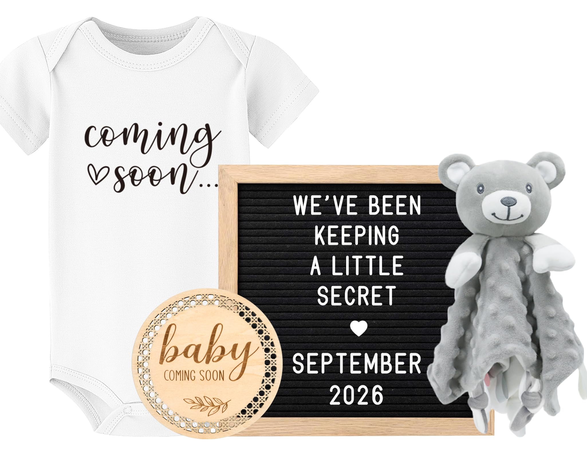 Baby Coming Soon Announcement Ideas, Surprise Pregnancy Reveal To Family Grandparents Grandma Dad- Baby Shower Gender Reveal Gifts- Felt Letter Board, Wooden Sign, Onesie, Security Blanket