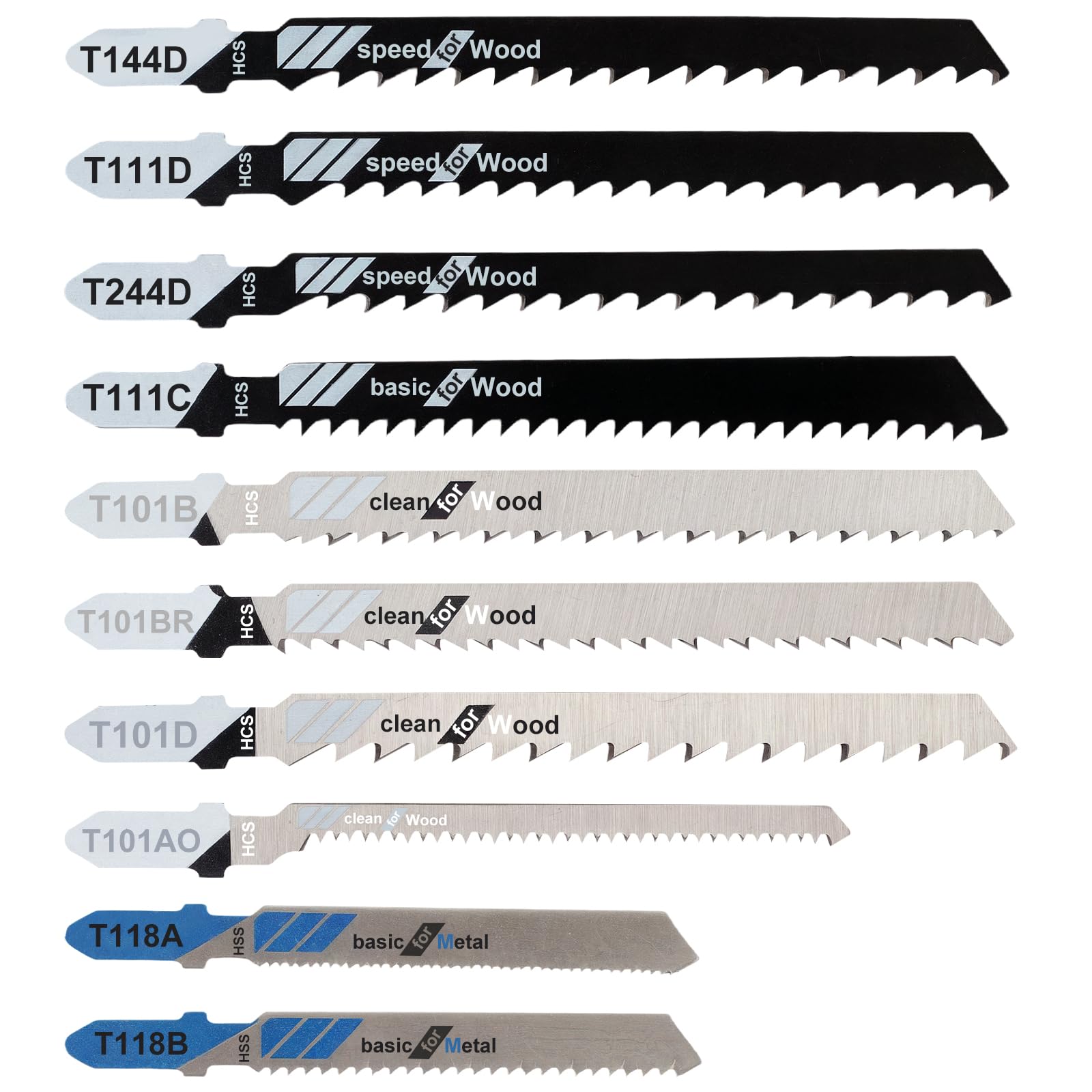 Photo 1 of Jigsaw Blades, 10 Piece Jig Saw Blades, Assorted T-Shank jig Saw Blades for Wood, Metal and Plastic Cutting(T111D, T101AO, T101BR, T101D, T101B, T118A, T118B, T144D, T244D,T111C)