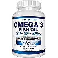 Arazo Nutrition Omega 3 Fish Oil 4,080mg - High EPA 1200mg + DHA 900mg Triple Strength Burpless Softgels (120 Soft Gels)
