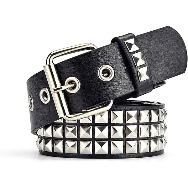 Studded Belt, 3 Row Metal Pyramid Silver Square Beads Punk Leather