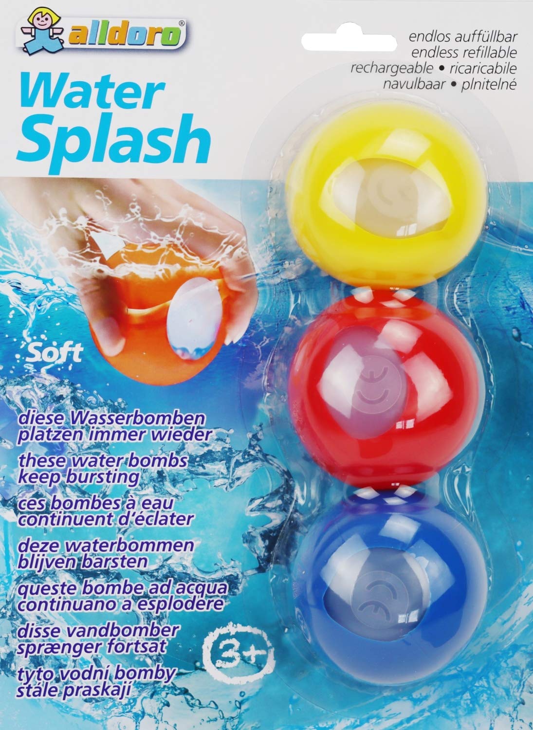alldoro 60206 - Water Splash Set of 3 Water Bombs, Reusable & Self-Closing, Water Balloon for Garden, Beach & Party, for Children from 3 Years & Adults, Assorted Colours