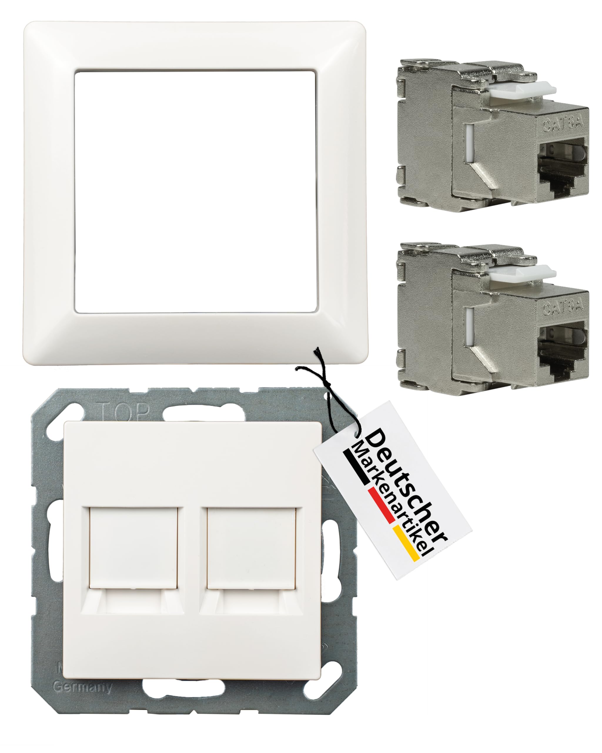 Datendosen Set- Jung Abdeckung 2fach A569-2NWEWW u. 1fach Rahmen AS581WW inkl. 2x Keystone Jack Module Cat.6A 500Mhz 10Gbit