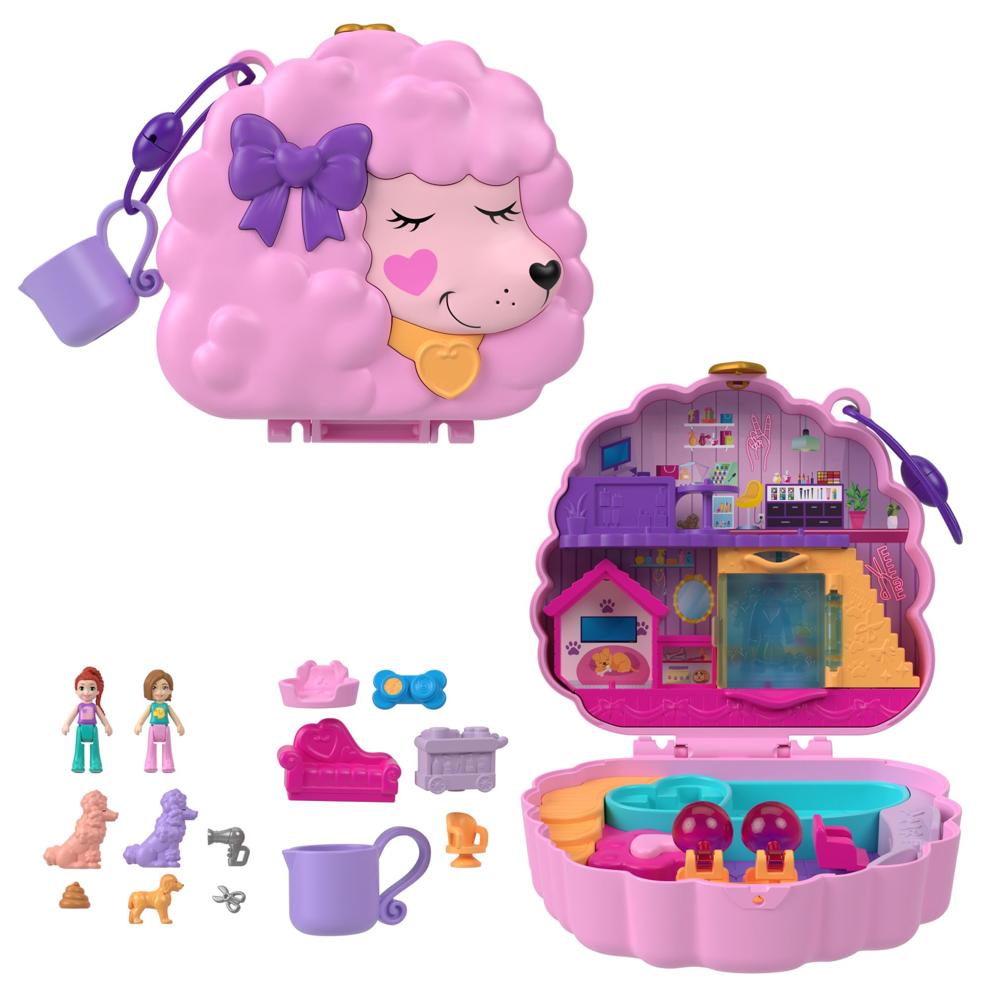 Polly Pocket Dolls and Playset, Animal Toys, Groom & Glam Poodle Compact Playset with Water Play and 2 Color-Change Pieces, HKV35 — image 1